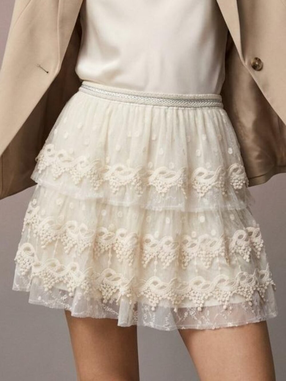 Zara Basic Cream Tiered Lace Mesh Mini Skirt